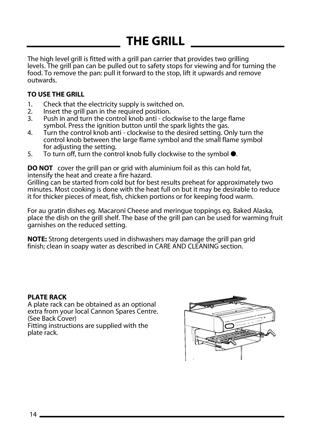 Cannon WINCHESTER Mk2, 10395G Mk2, 4466200011-02, 10390G Mk2 installation instructions To USE the Grill, Plate Rack 