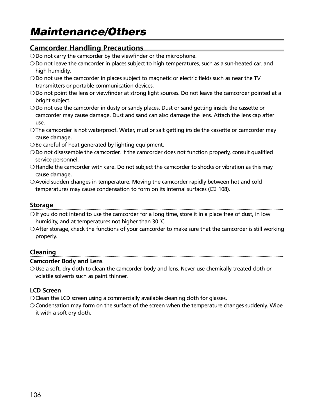 Cannon XL2 instruction manual Maintenance/Others, Camcorder Handling Precautions, Storage, Cleaning 