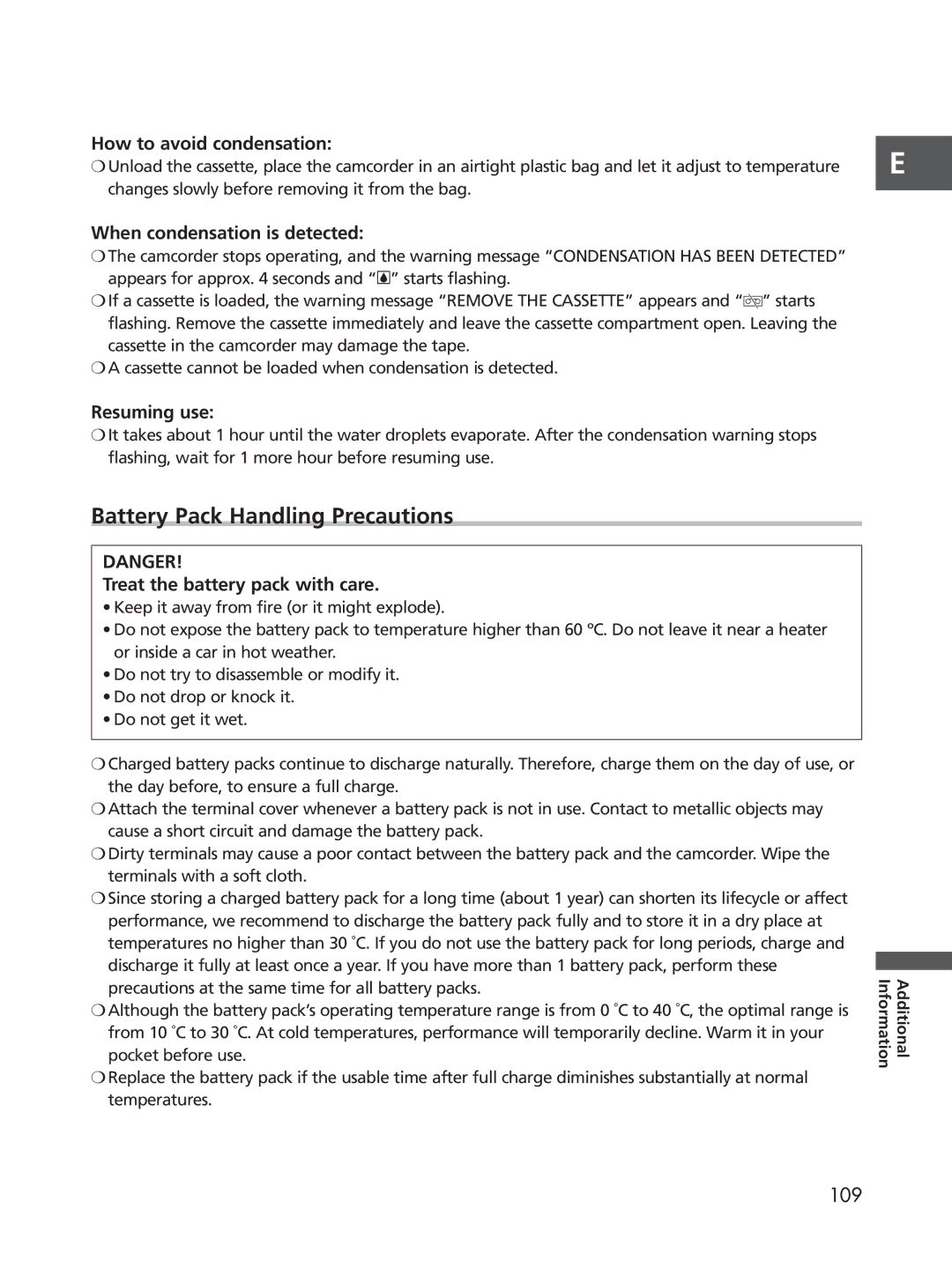 Cannon XL2 Battery Pack Handling Precautions, How to avoid condensation, When condensation is detected, Resuming use 