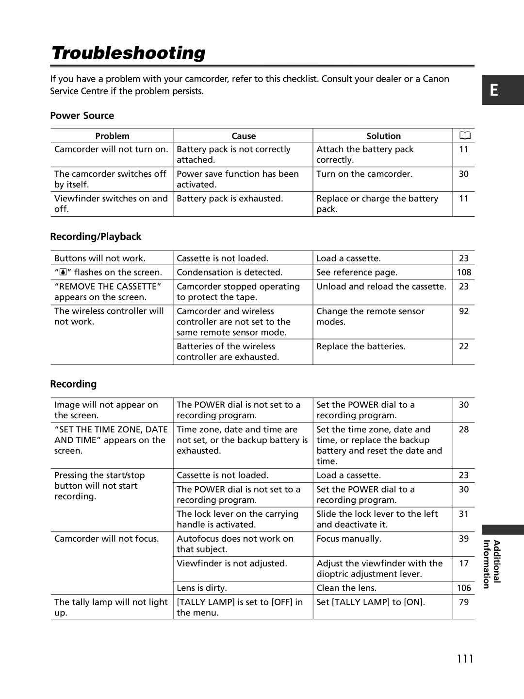 Cannon XL2 instruction manual Troubleshooting, Power Source, Recording/Playback 