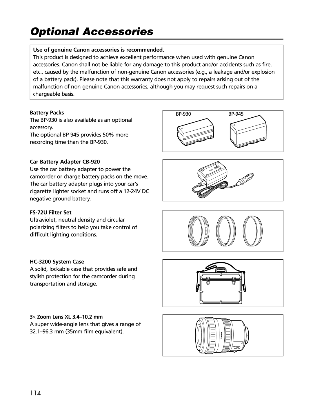 Cannon XL2 instruction manual Optional Accessories 