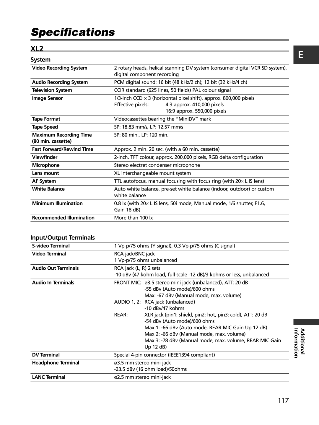 Cannon XL2 instruction manual Specifications, System, Input/Output Terminals 