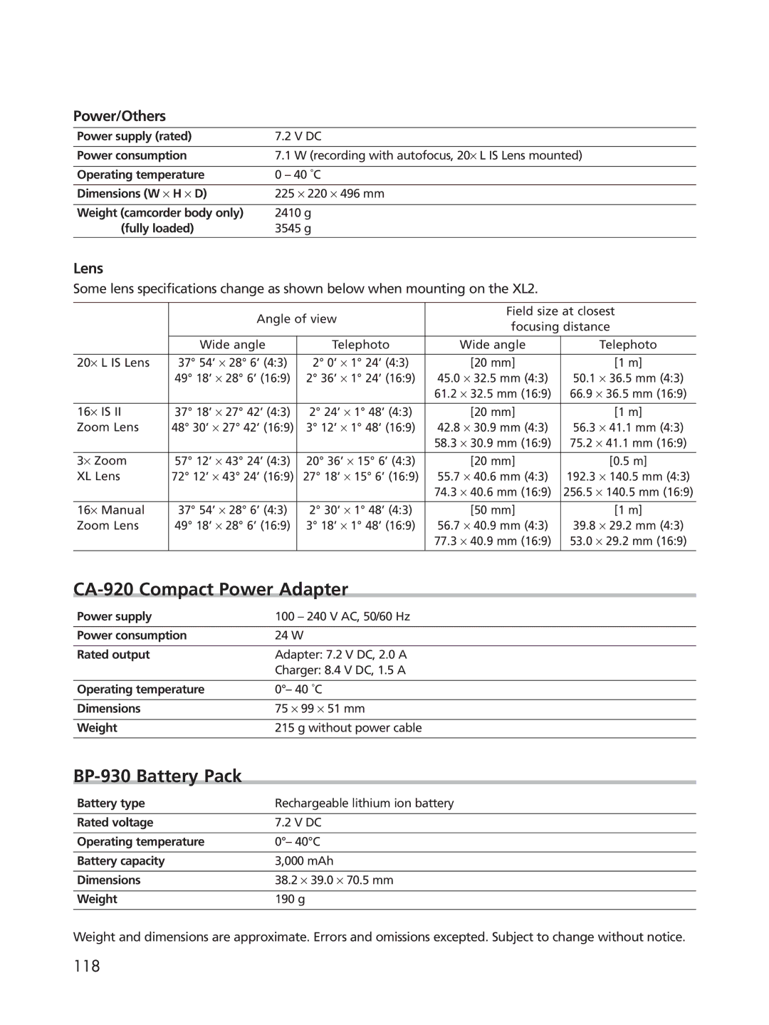 Cannon XL2 instruction manual CA-920 Compact Power Adapter, BP-930 Battery Pack, Power/Others, Lens 