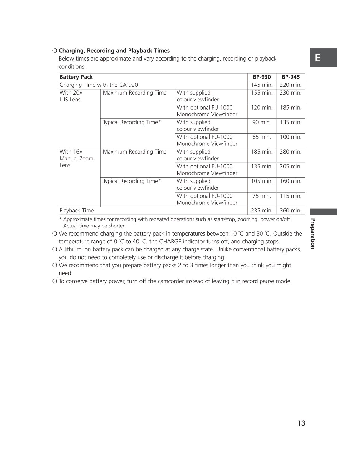 Cannon XL2 instruction manual Charging, Recording and Playback Times, Battery Pack BP-930 BP-945 