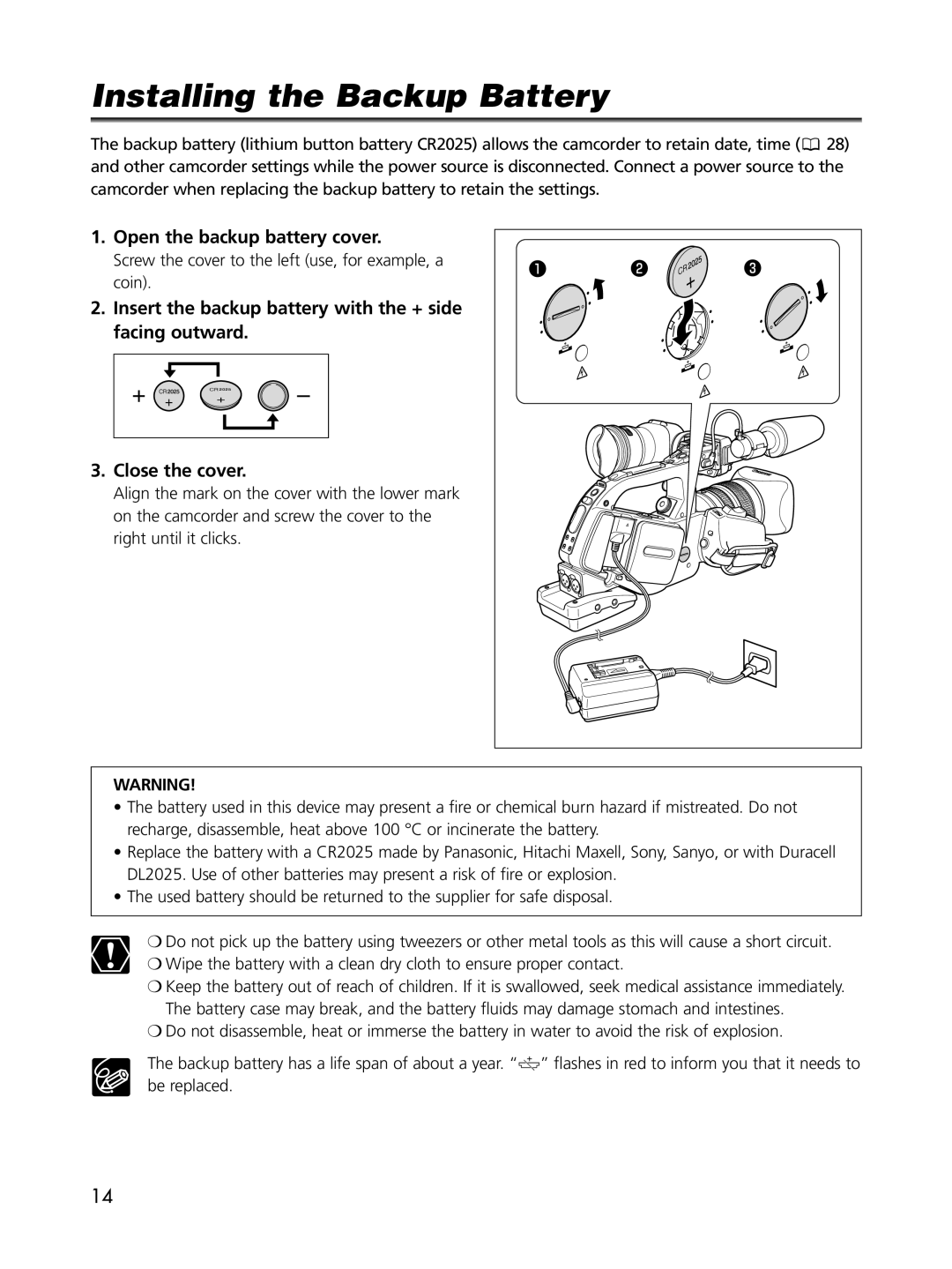 Cannon XL2 instruction manual Installing the Backup Battery, Open the backup battery cover 