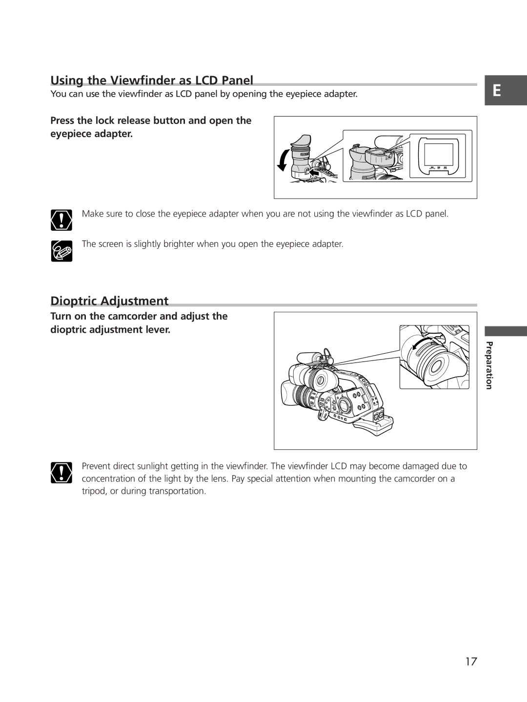 Cannon XL2 instruction manual Using the Viewfinder as LCD Panel, Dioptric Adjustment 