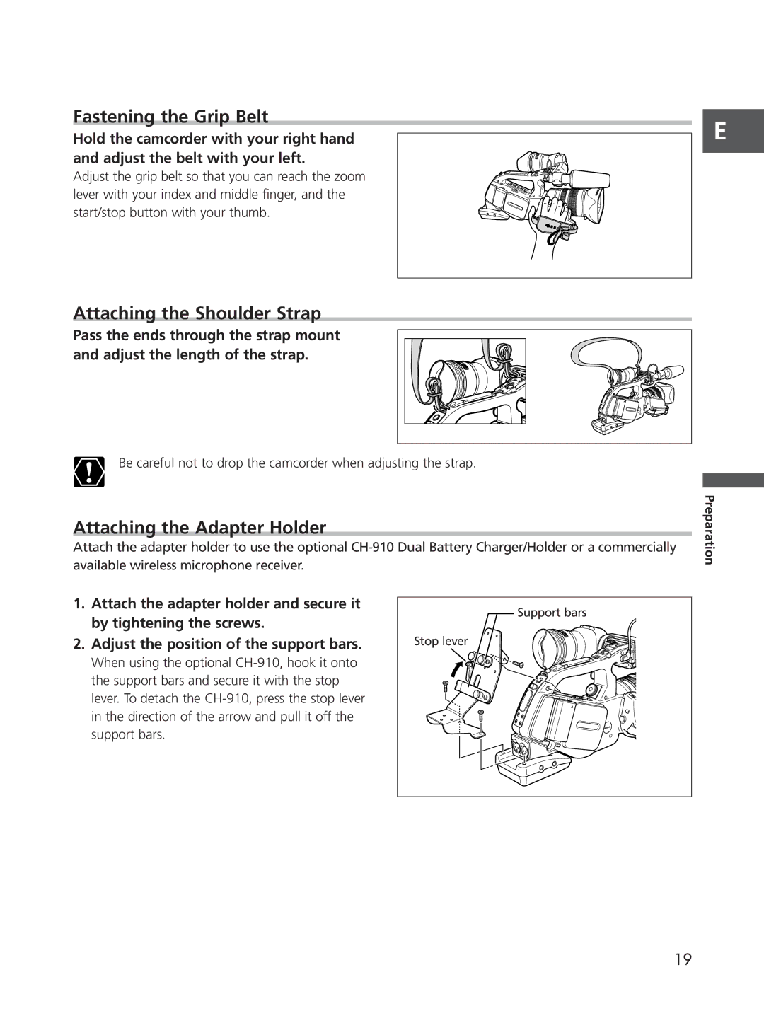 Cannon XL2 instruction manual Fastening the Grip Belt, Attaching the Shoulder Strap, Attaching the Adapter Holder 