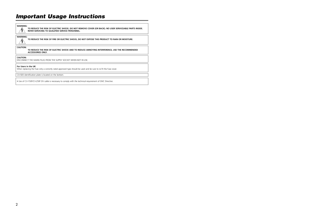 Cannon XL2 instruction manual Important Usage Instructions, For Users in the UK 