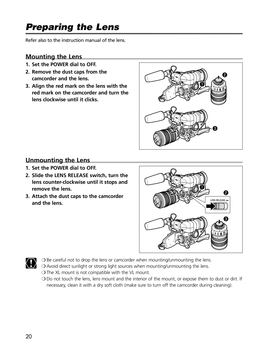 Cannon XL2 instruction manual Preparing the Lens, Mounting the Lens, Unmounting the Lens 