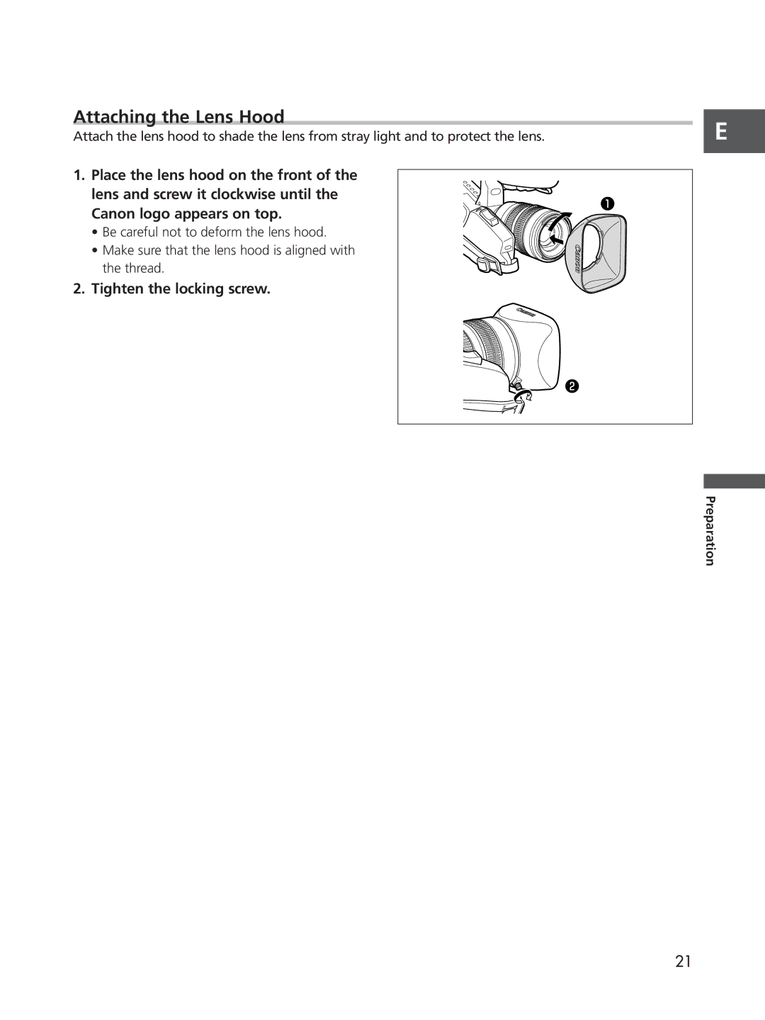 Cannon XL2 instruction manual Attaching the Lens Hood, Tighten the locking screw 