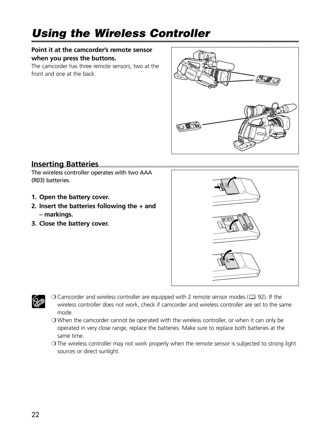 Cannon XL2 instruction manual Using the Wireless Controller, Inserting Batteries 