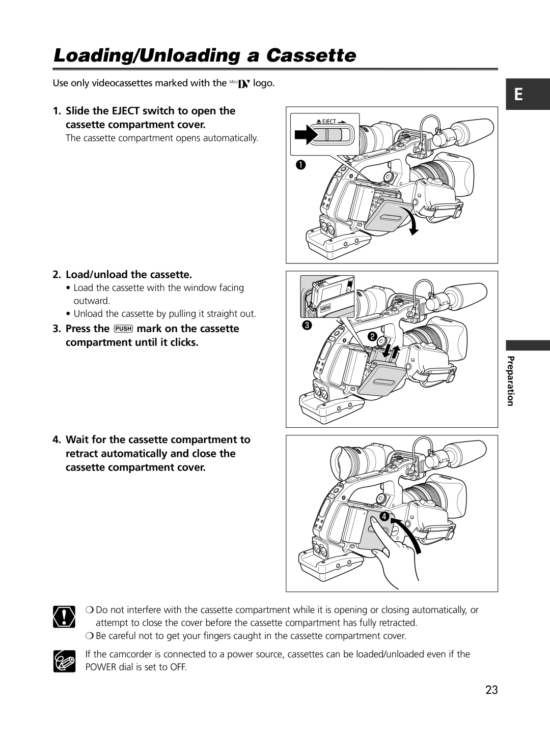 Cannon XL2 instruction manual Loading/Unloading a Cassette, Load/unload the cassette 