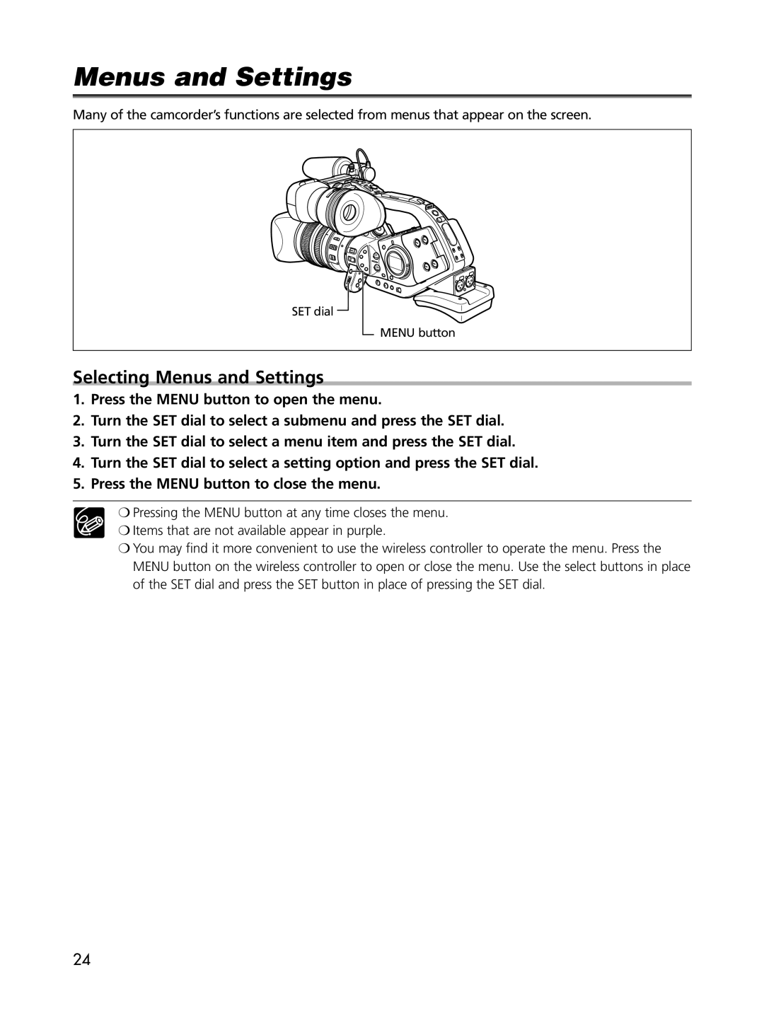 Cannon XL2 instruction manual Selecting Menus and Settings 