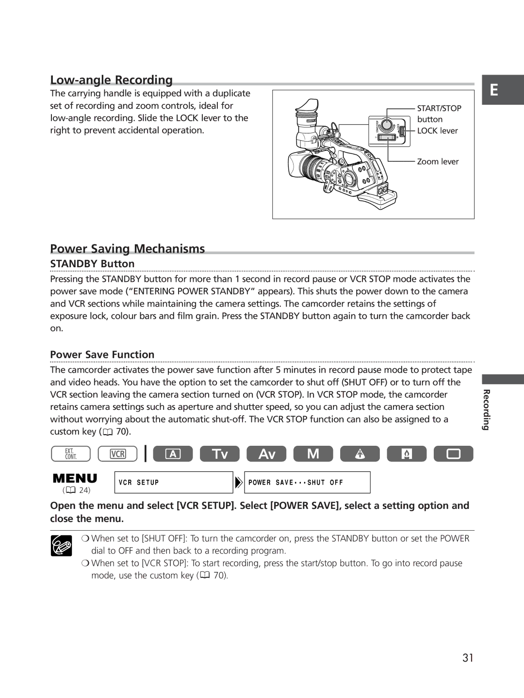 Cannon XL2 instruction manual Low-angle Recording, Power Saving Mechanisms, Standby Button, Power Save Function 