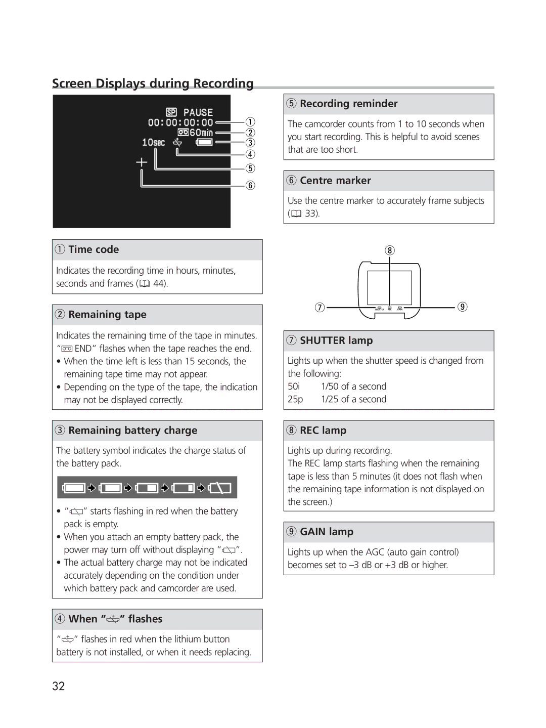 Cannon XL2 instruction manual Screen Displays during Recording 