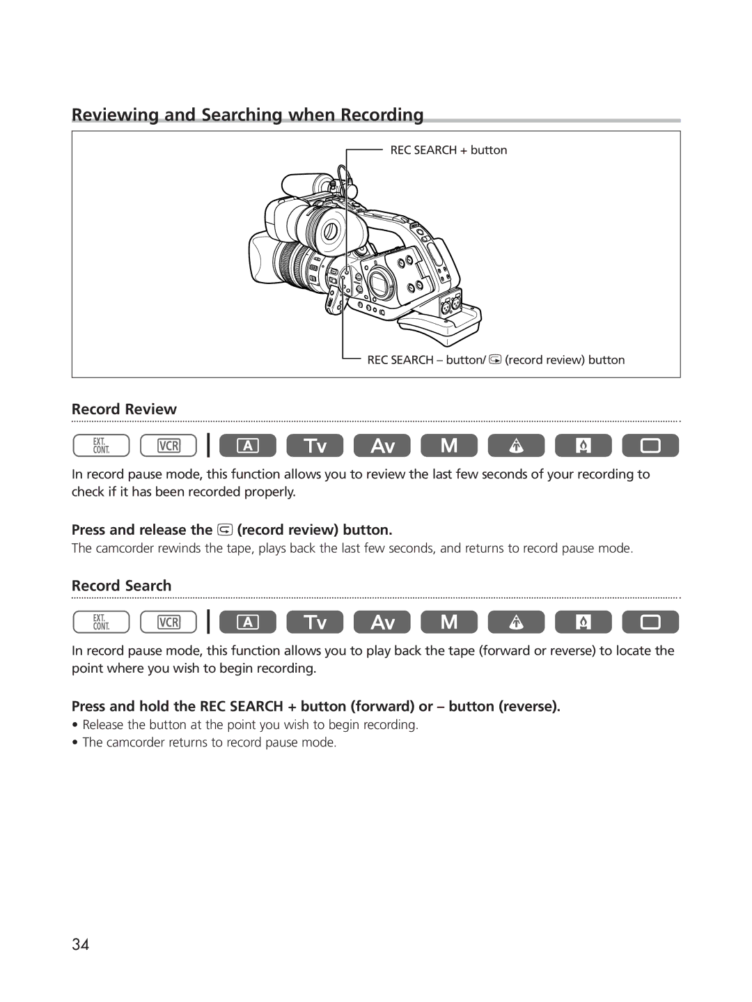 Cannon XL2 instruction manual Reviewing and Searching when Recording, Record Review, Record Search 