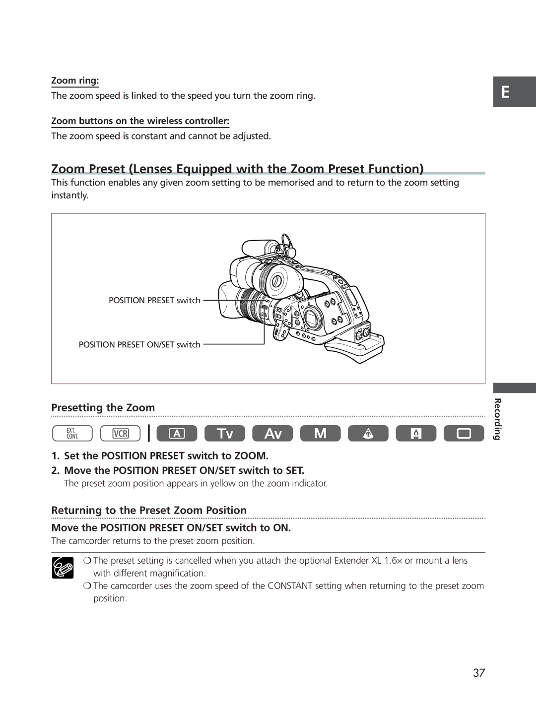 Cannon XL2 instruction manual Zoom Preset Lenses Equipped with the Zoom Preset Function, Presetting the Zoom 