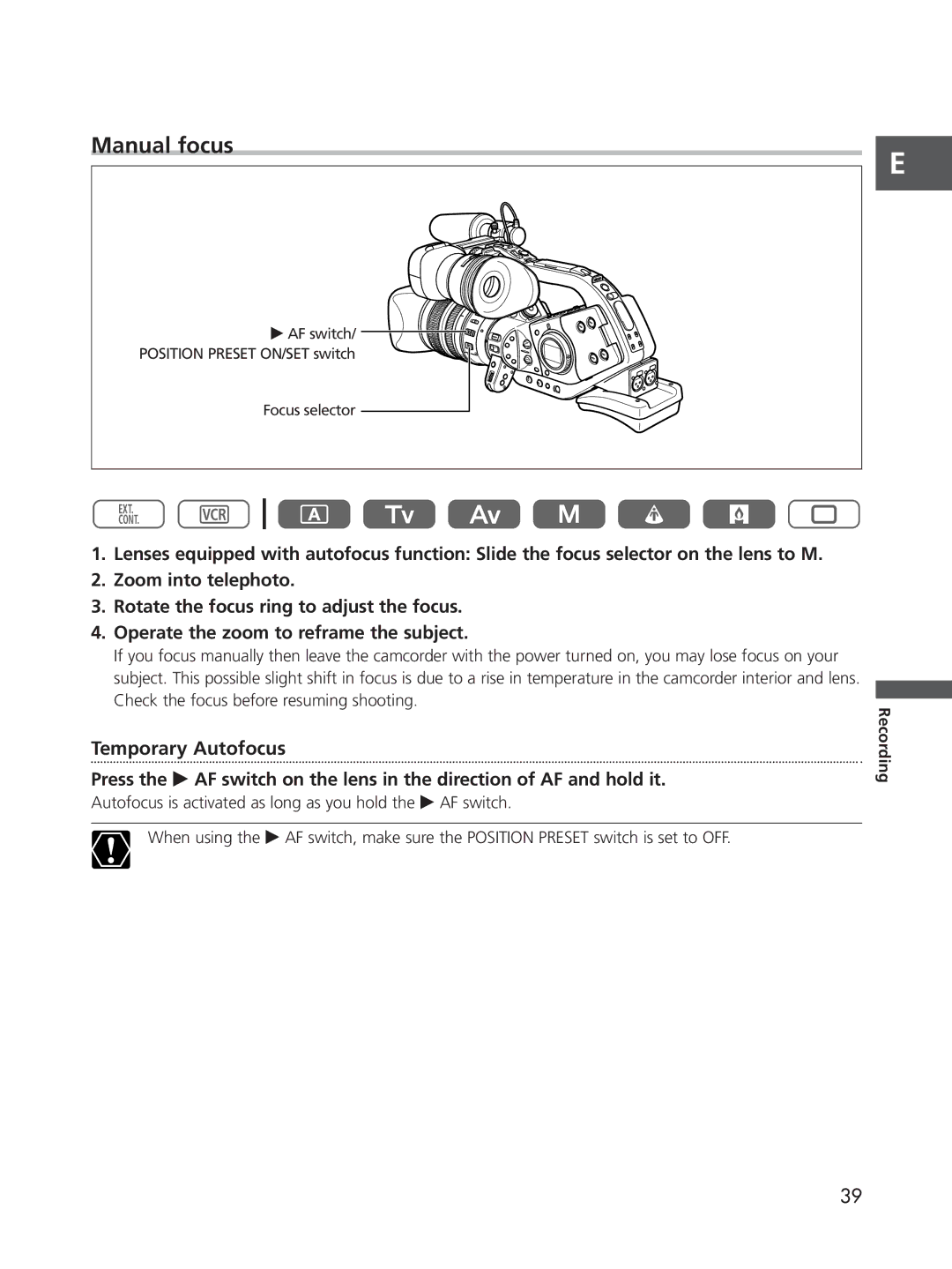 Cannon XL2 instruction manual Manual focus, Temporary Autofocus 