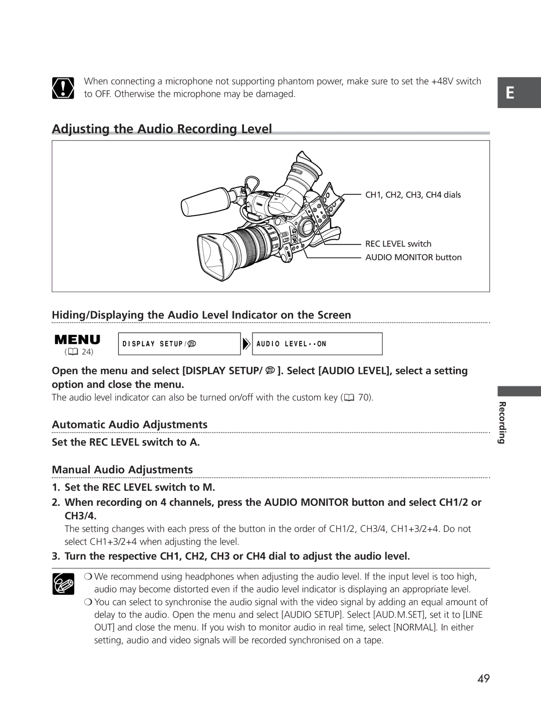 Cannon XL2 Adjusting the Audio Recording Level, Hiding/Displaying the Audio Level Indicator on the Screen 