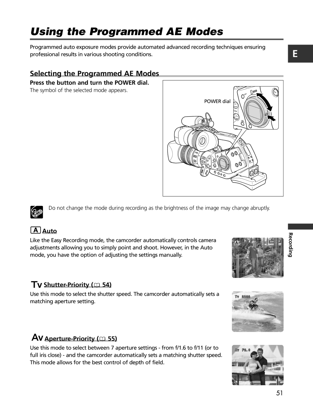 Cannon XL2 Using the Programmed AE Modes, Selecting the Programmed AE Modes, Auto, Shutter-Priority, Aperture-Priority 