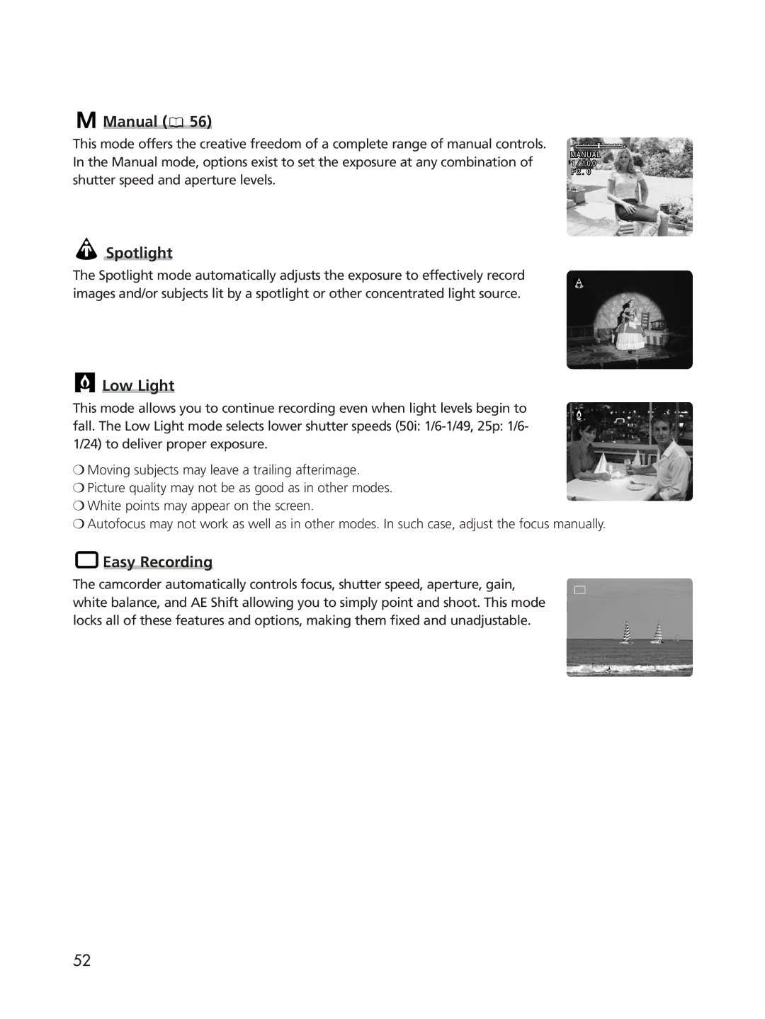 Cannon XL2 instruction manual Manual, Spotlight, Low Light, Easy Recording 