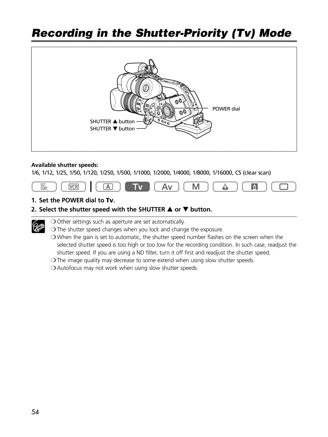 Cannon XL2 instruction manual Recording in the Shutter-Priority Tv Mode, Available shutter speeds 