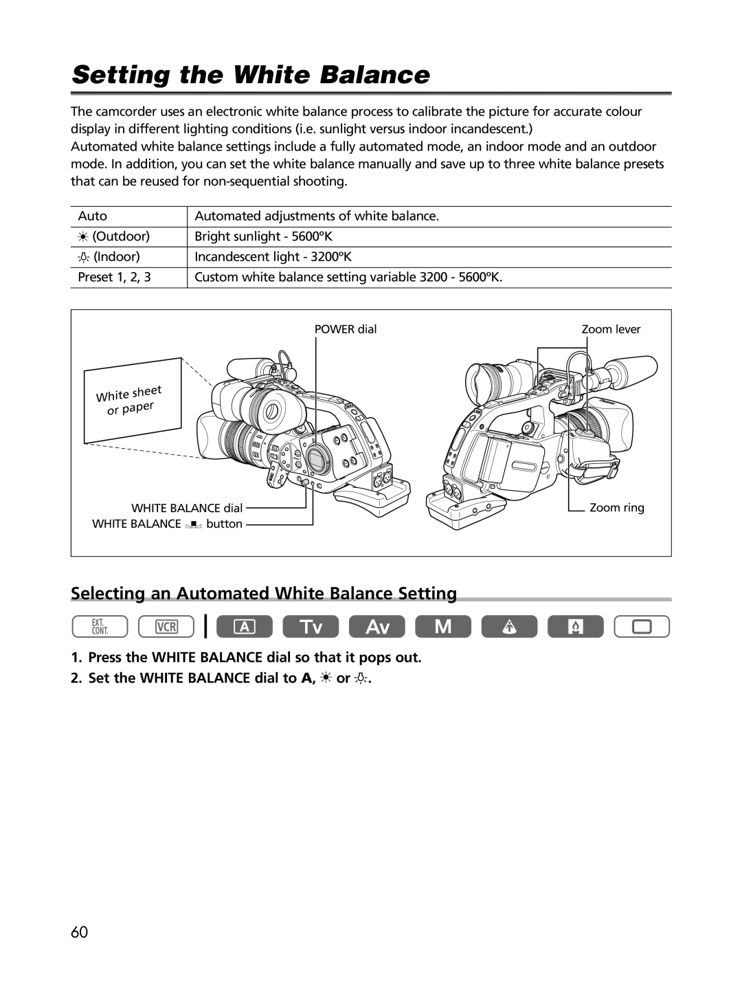 Cannon XL2 instruction manual Setting the White Balance, Selecting an Automated White Balance Setting 