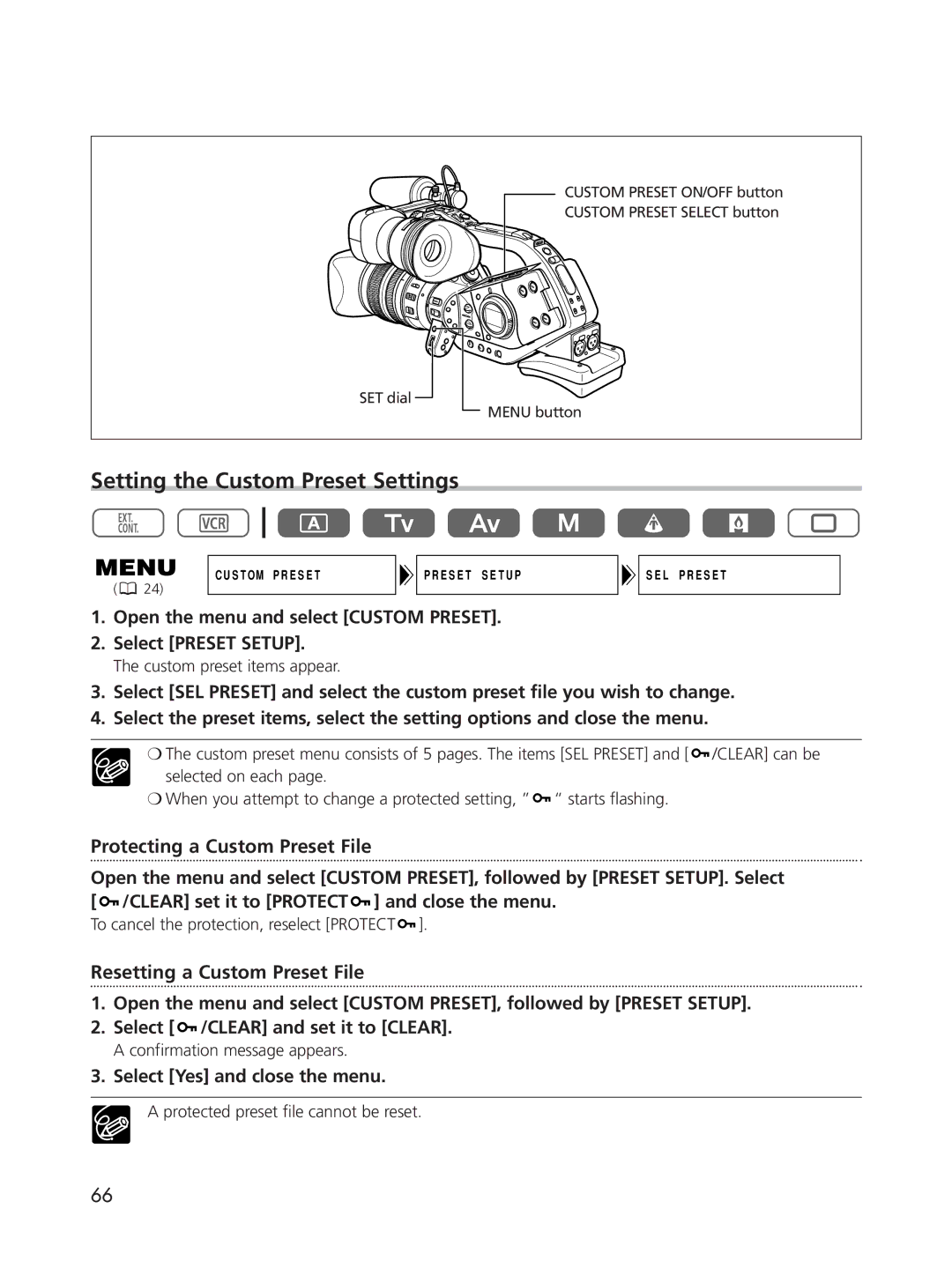 Cannon XL2 Setting the Custom Preset Settings, Protecting a Custom Preset File, Resetting a Custom Preset File 