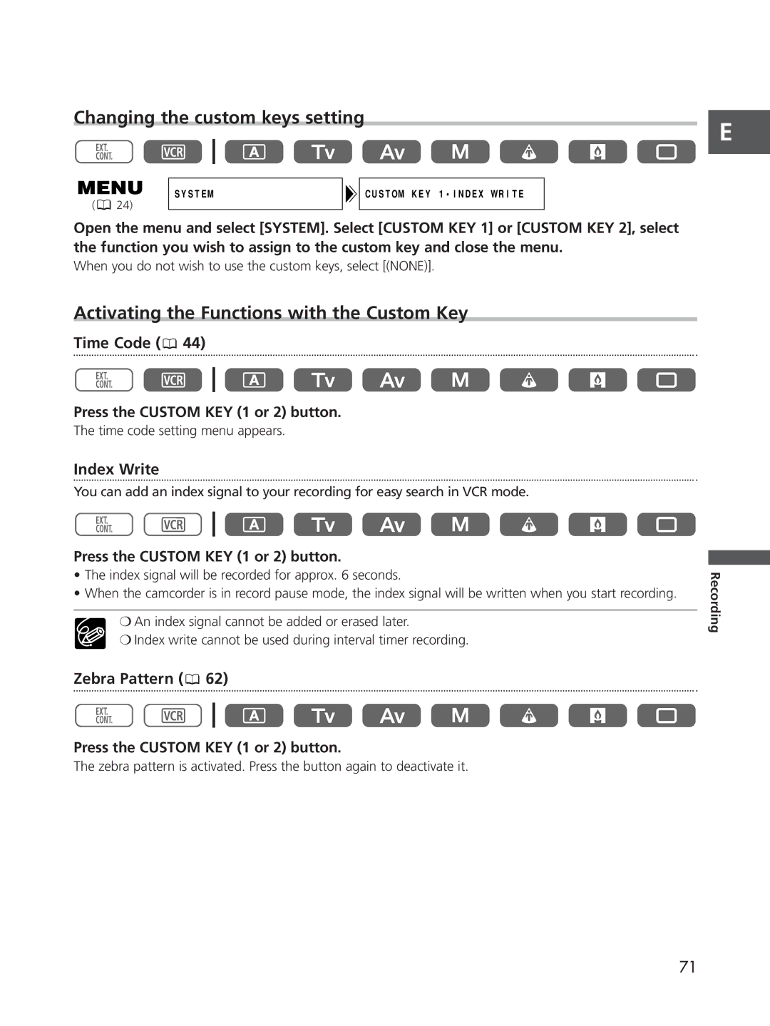 Cannon XL2 Changing the custom keys setting, Activating the Functions with the Custom Key, Time Code, Index Write 