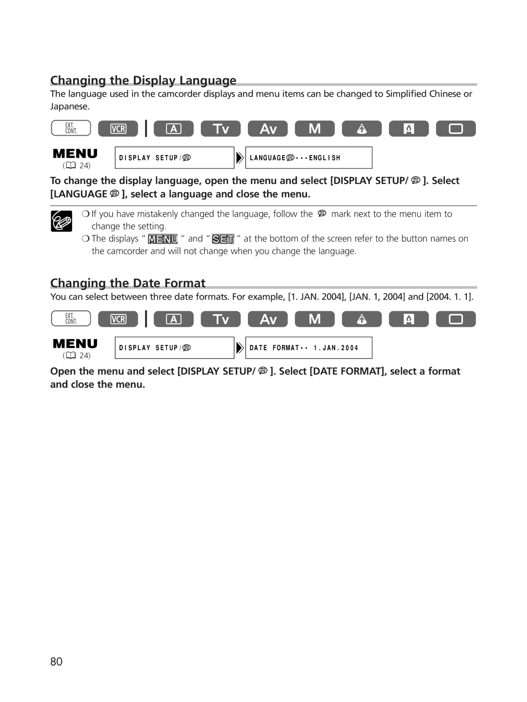 Cannon XL2 instruction manual Changing the Display Language, Changing the Date Format 