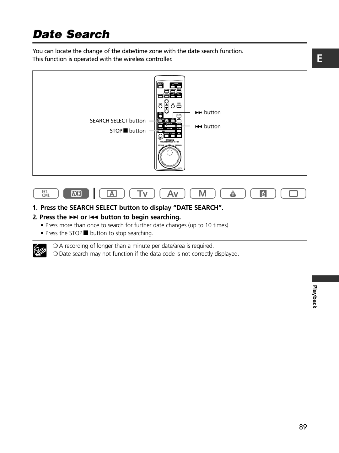 Cannon XL2 instruction manual Date Search 