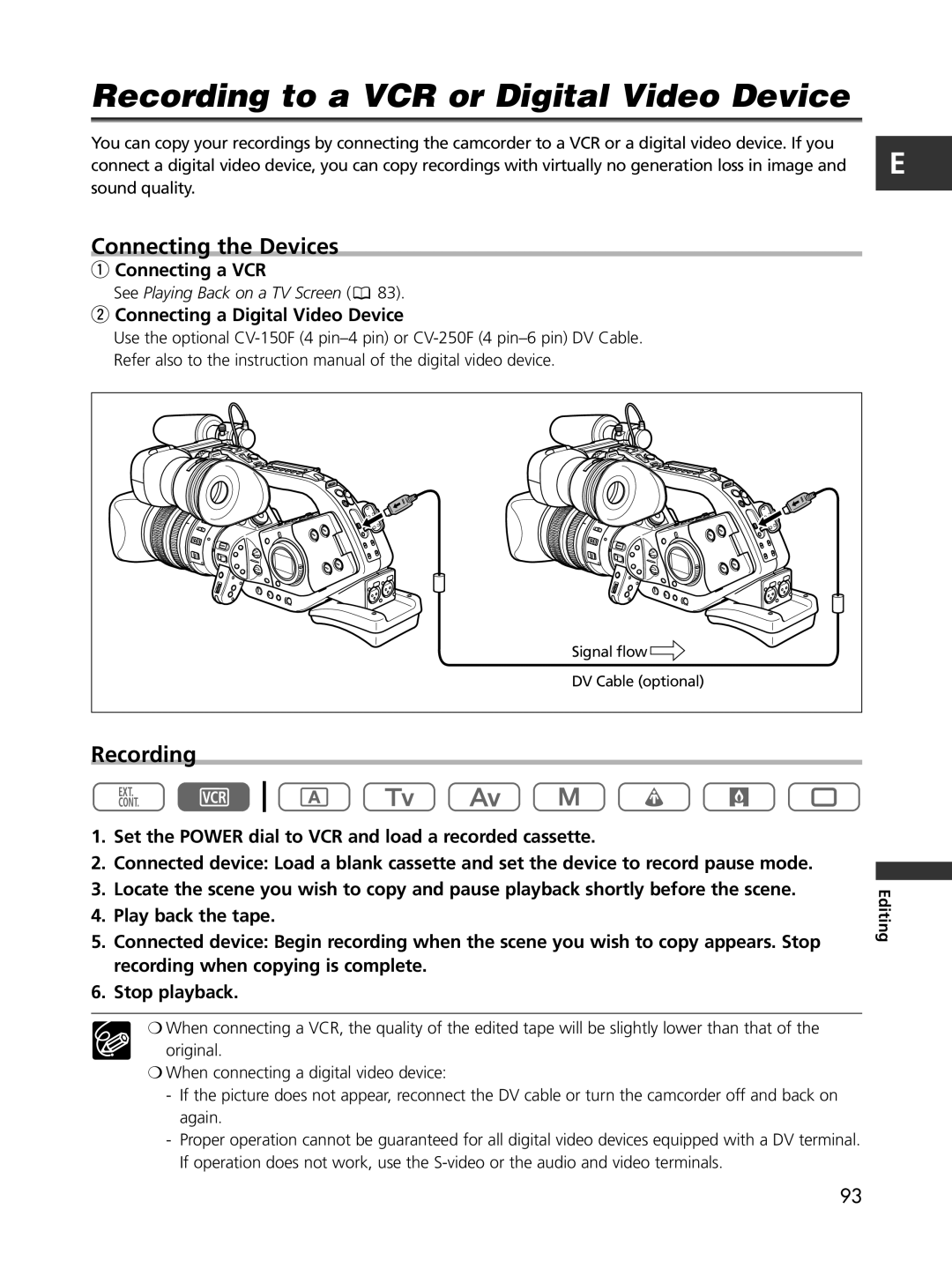 Cannon XL2 instruction manual Recording to a VCR or Digital Video Device, Connecting the Devices, Connecting a VCR 