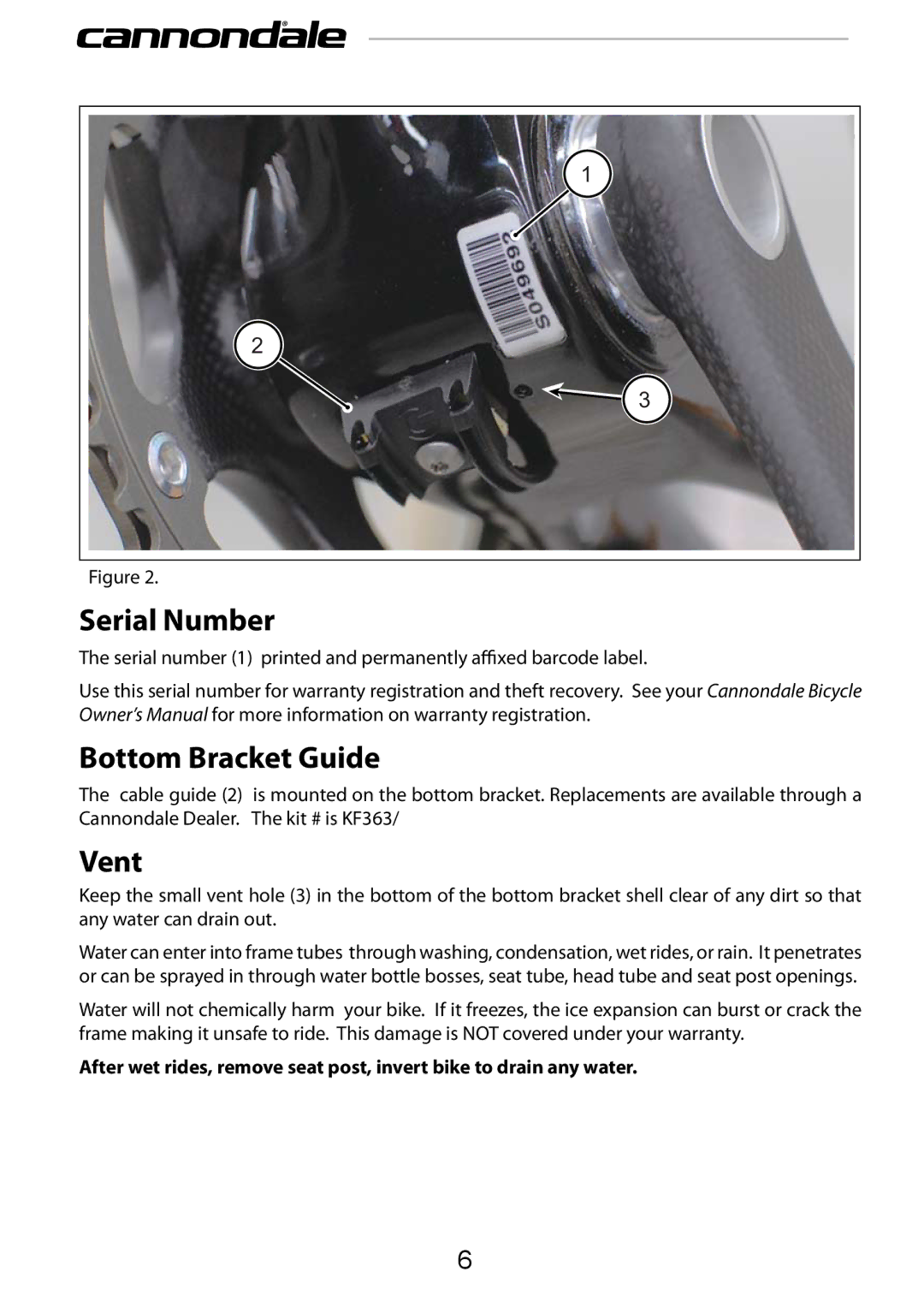 Cannondale 120858 manual Serial Number, Bottom Bracket Guide, Vent 