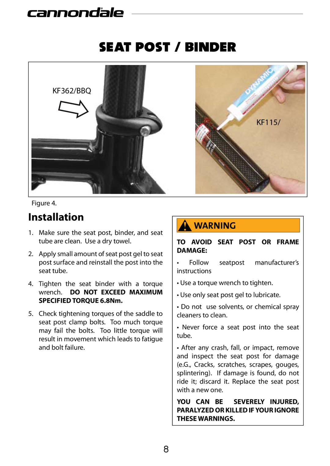 Cannondale 120858 manual Seat Post / Binder, Installation 