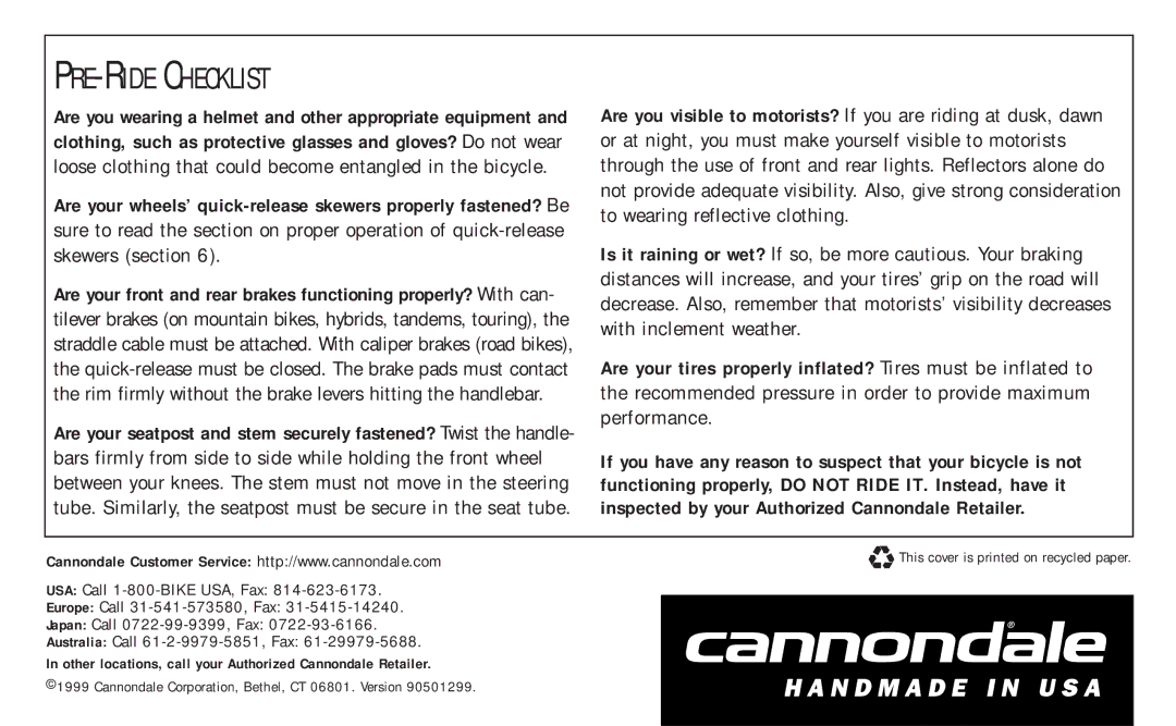 Cannondale Bicycles manual PRE-RIDE Checklist 