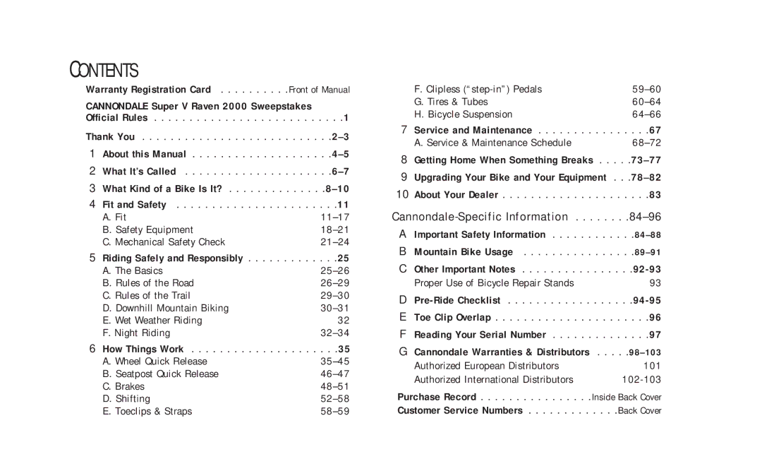 Cannondale Bicycles manual Contents 