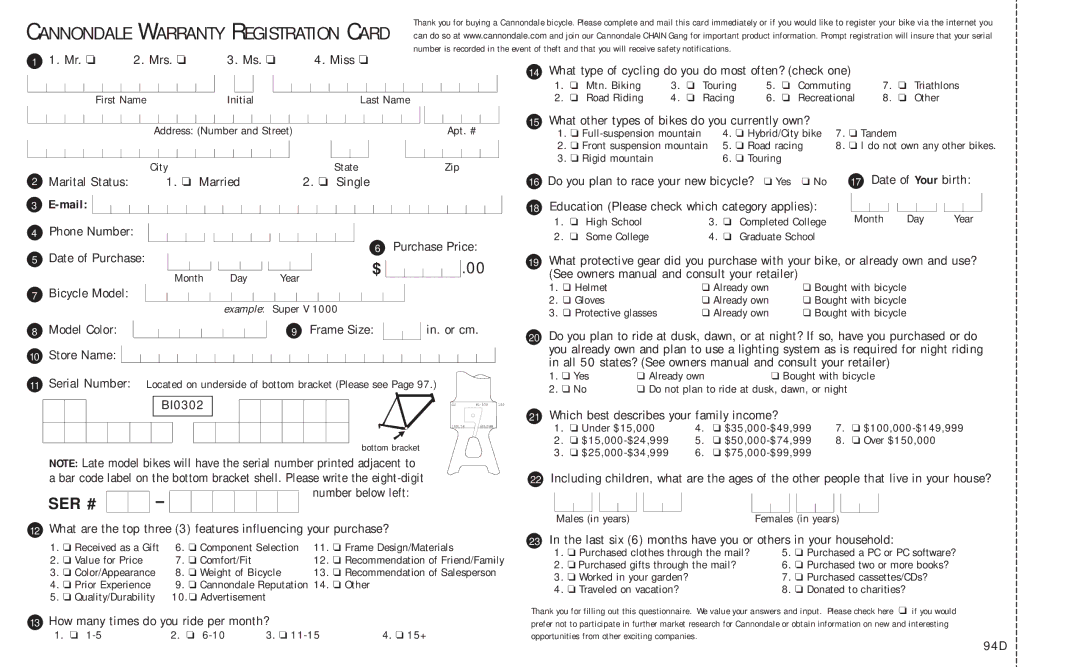 Cannondale Bicycles manual Cannondale Warranty Registration Card 