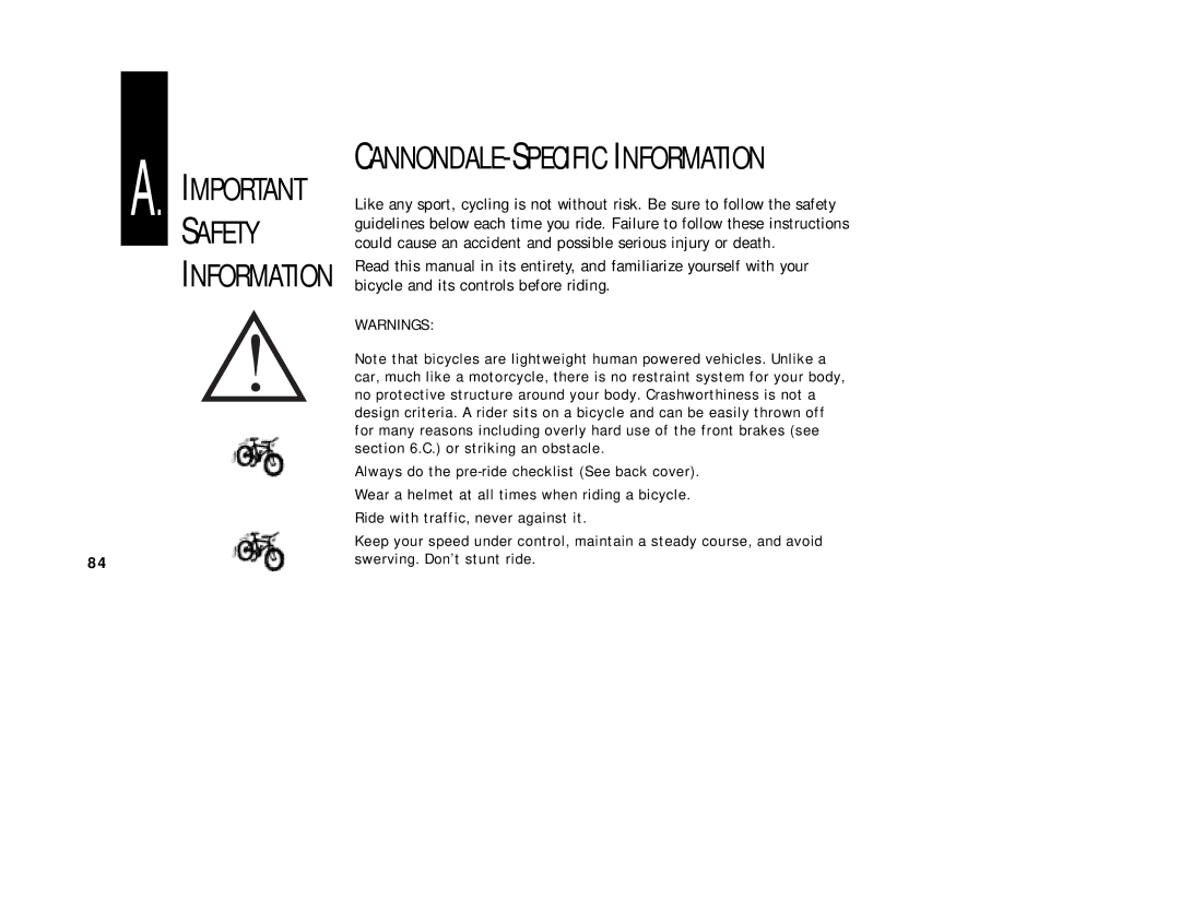 Cannondale Bicycles manual CANNONDALE-SPECIFIC Information 