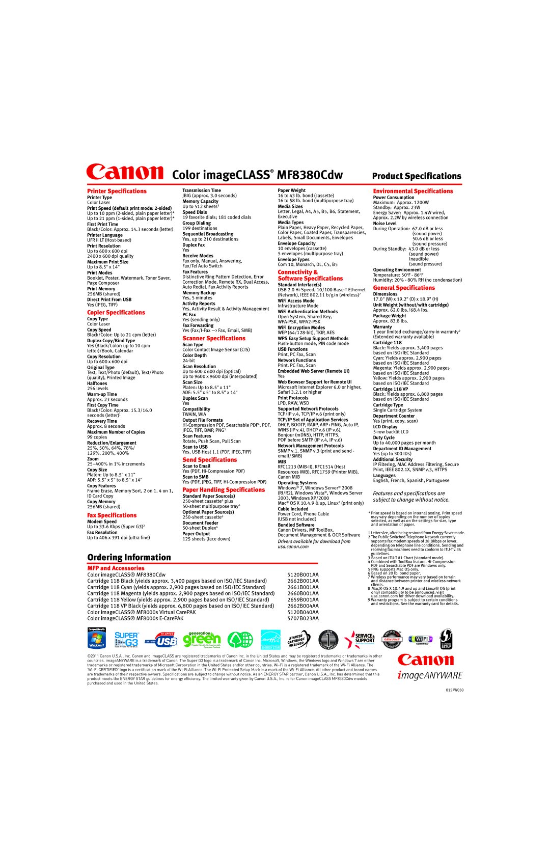 Canon 0157W050 specifications Color imageCLASS MF8380Cdw 