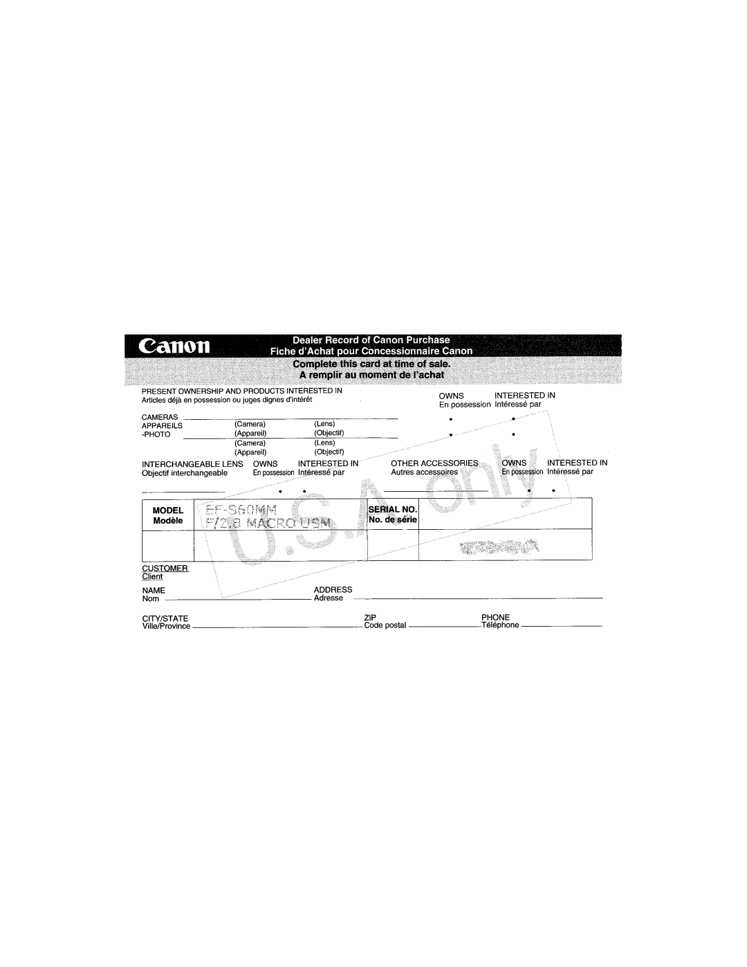 Canon 0284B002 manual Dealer Record of Canon Purchase 