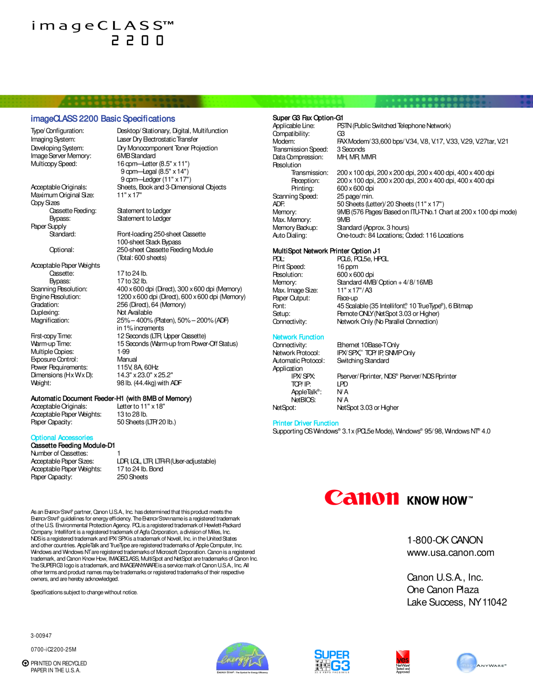 Canon 0700-iC2200-25M manual Canon U.S.A., Inc One Canon Plaza Lake Success, NY, imageCLASS 2200 Basic Speciﬁcations 