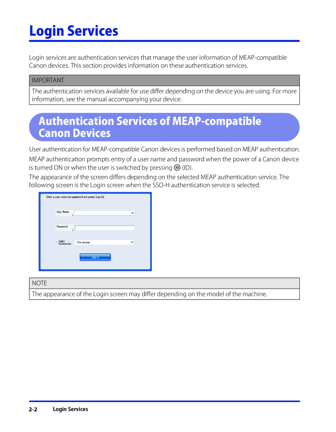 Canon 1 manual Login Services, Authentication Services of MEAP-compatible Canon Devices 