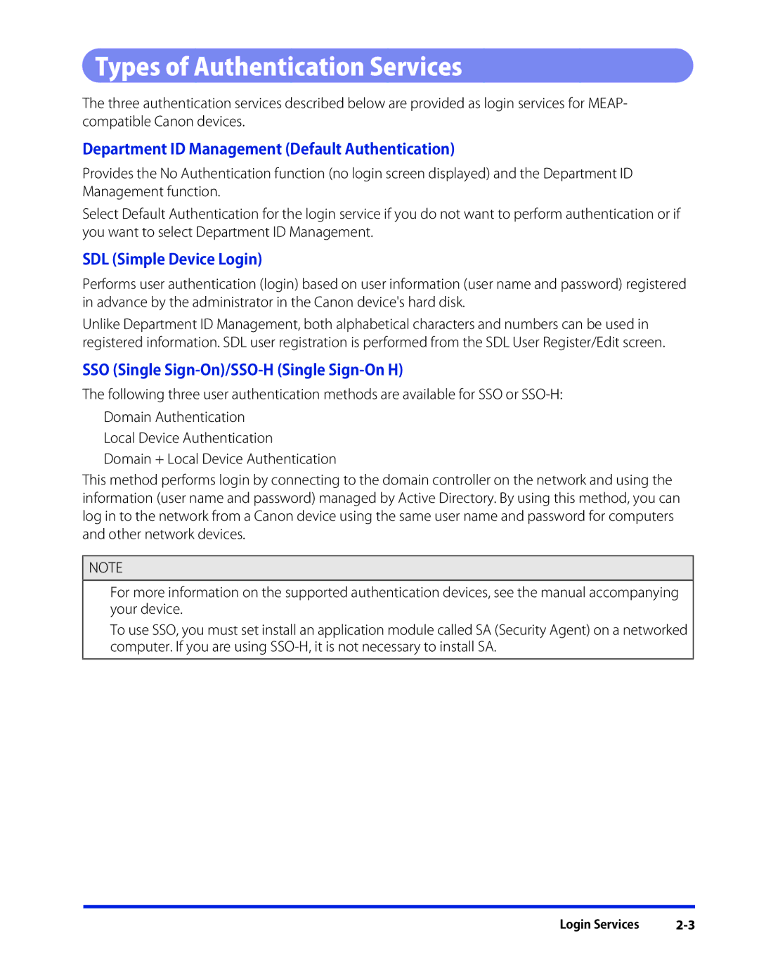 Canon 1 manual Types of Authentication Services, Department ID Management Default Authentication 