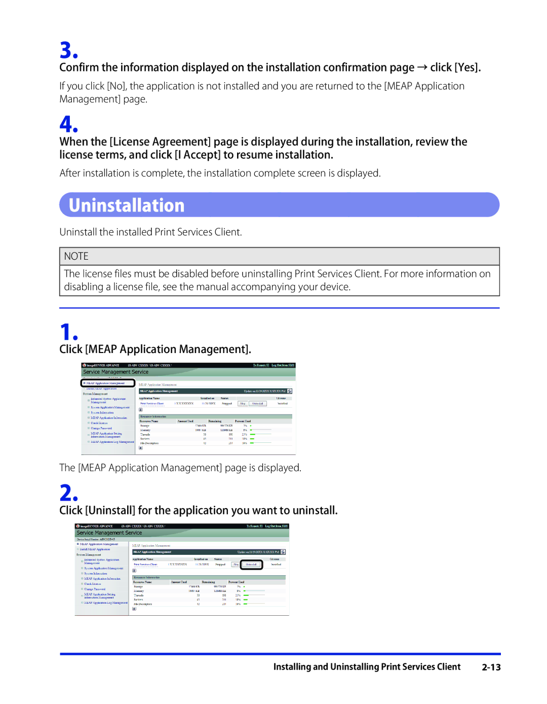 Canon 1 manual Uninstallation, Click Meap Application Management, Click Uninstall for the application you want to uninstall 