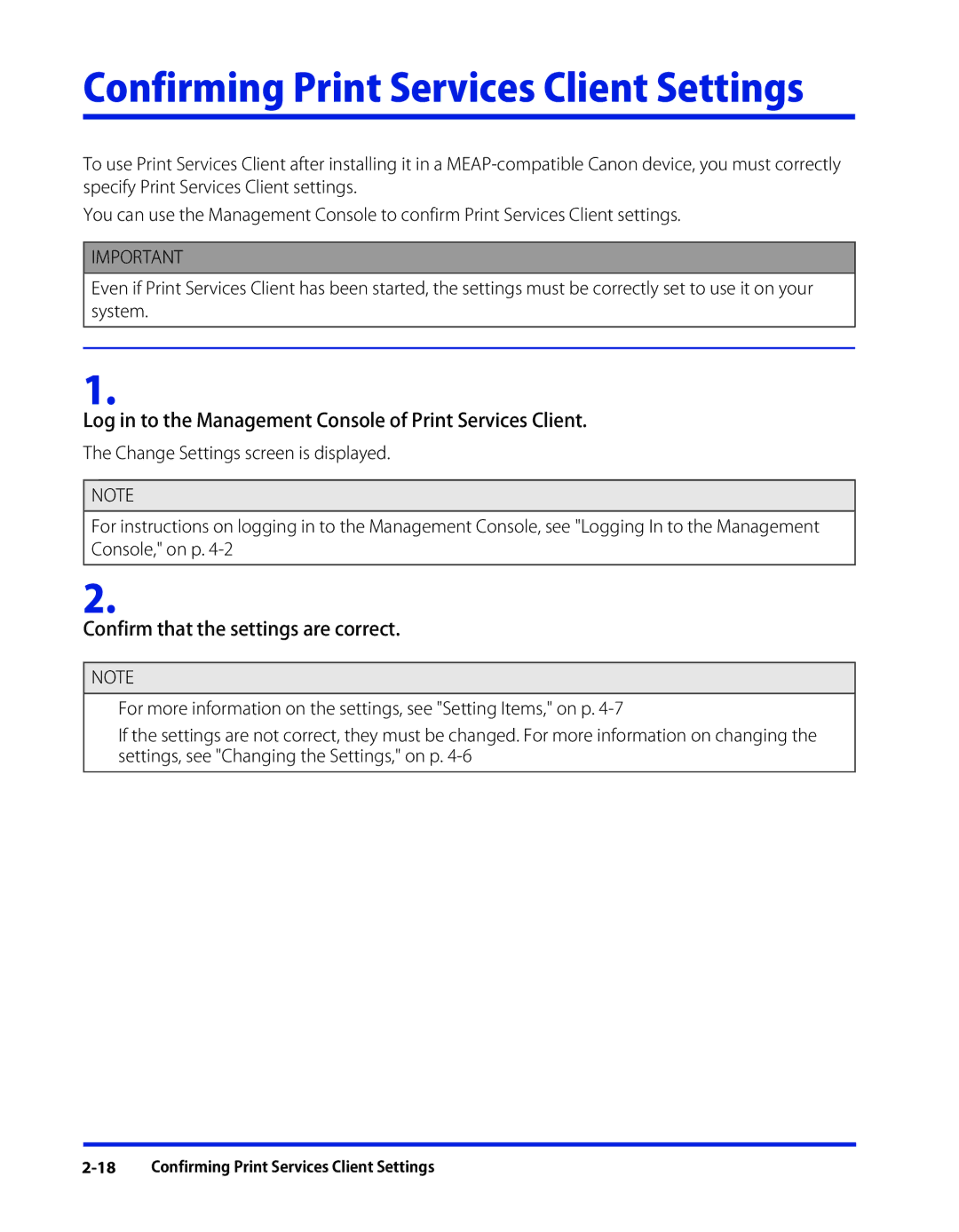 Canon 1 manual Confirming Print Services Client Settings, Log in to the Management Console of Print Services Client 