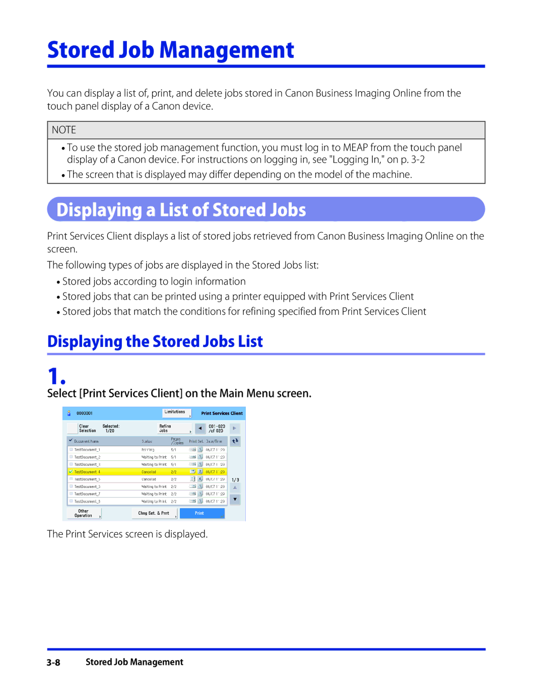 Canon 1 Stored Job Management, Displaying a List of Stored Jobs, Select Print Services Client on the Main Menu screen 