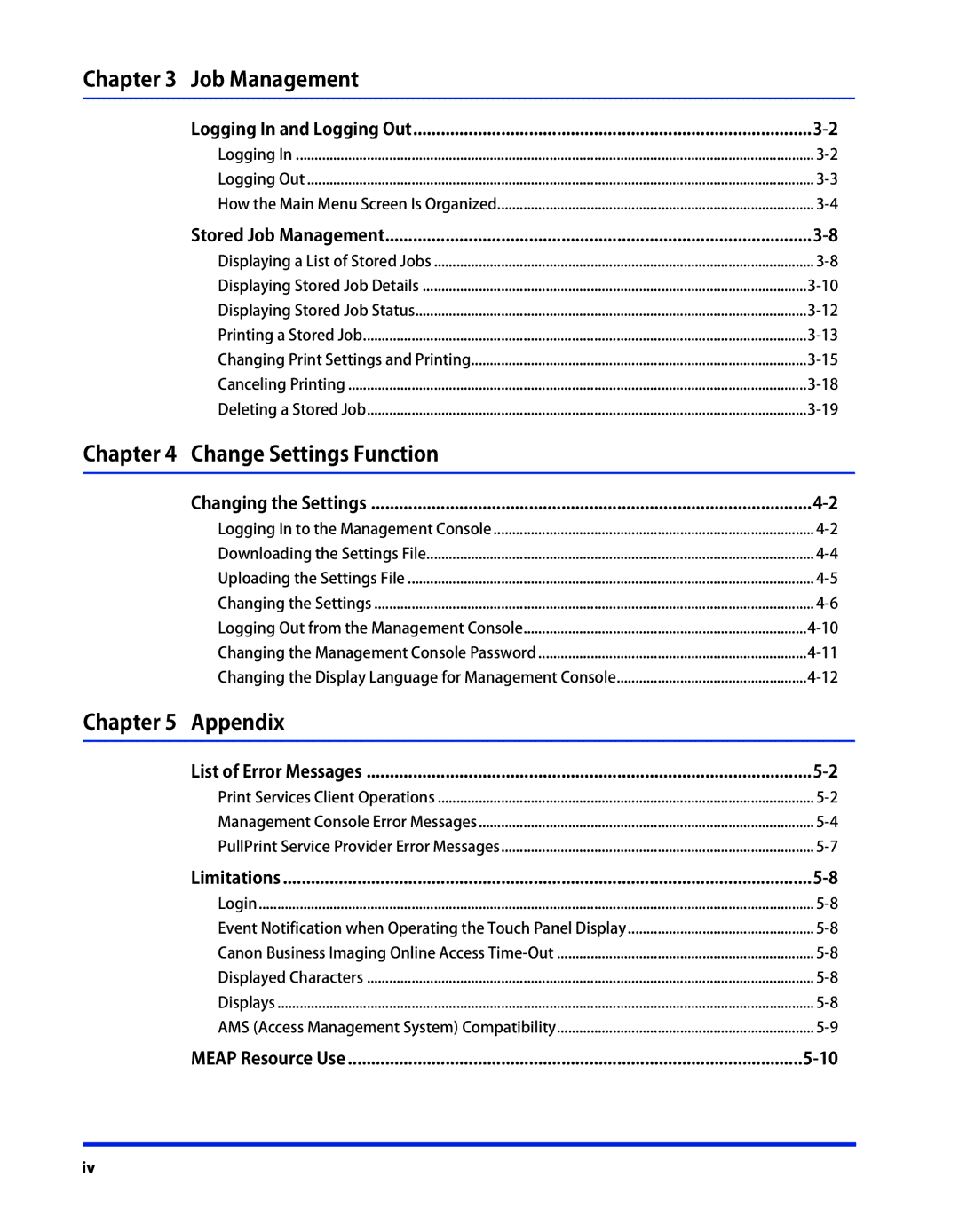 Canon 1 Logging In and Logging Out, Stored Job Management, Changing the Settings, List of Error Messages, Limitations 