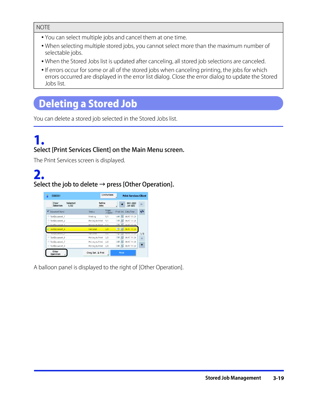 Canon 1 manual Deleting a Stored Job, Select the job to delete → press Other Operation 