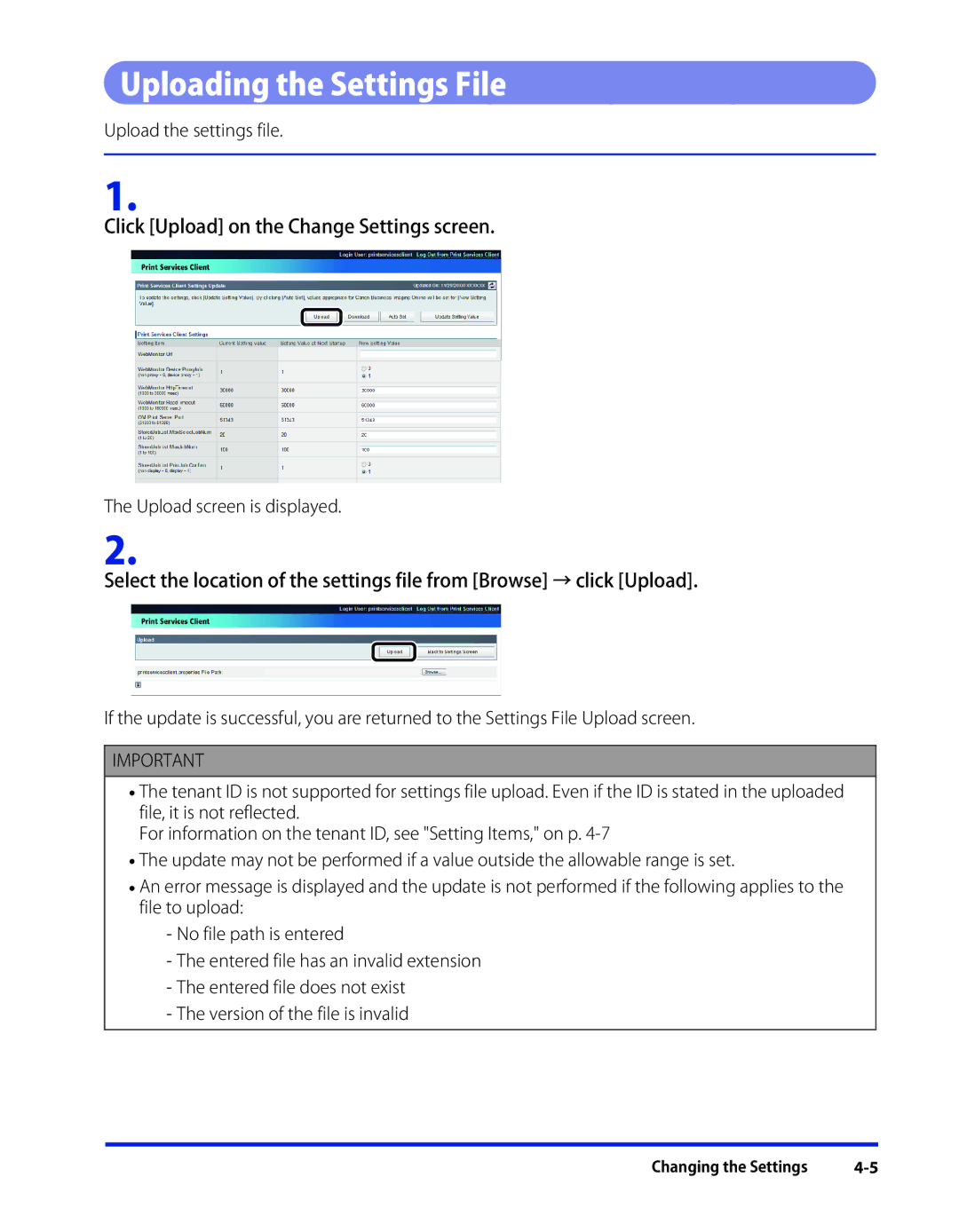 Canon 1 manual Uploading the Settings File, Click Upload on the Change Settings screen 