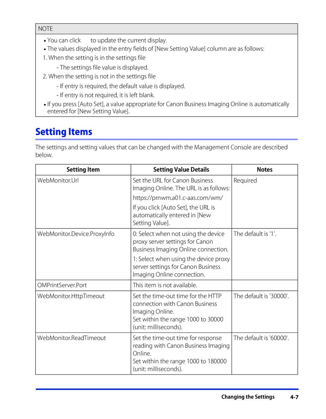 Canon 1 manual Setting Items, Setting Item Setting Value Details 